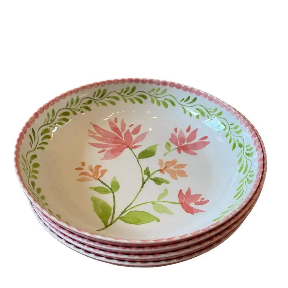 Soho Loft Floral Melamine Bowls 9in Round Pink & Green Set of 4 New